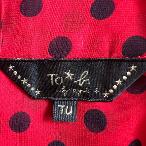 To B by Again B Red Polka Printed Short Sleeve Sheer Top, S - Picture 4 of 5